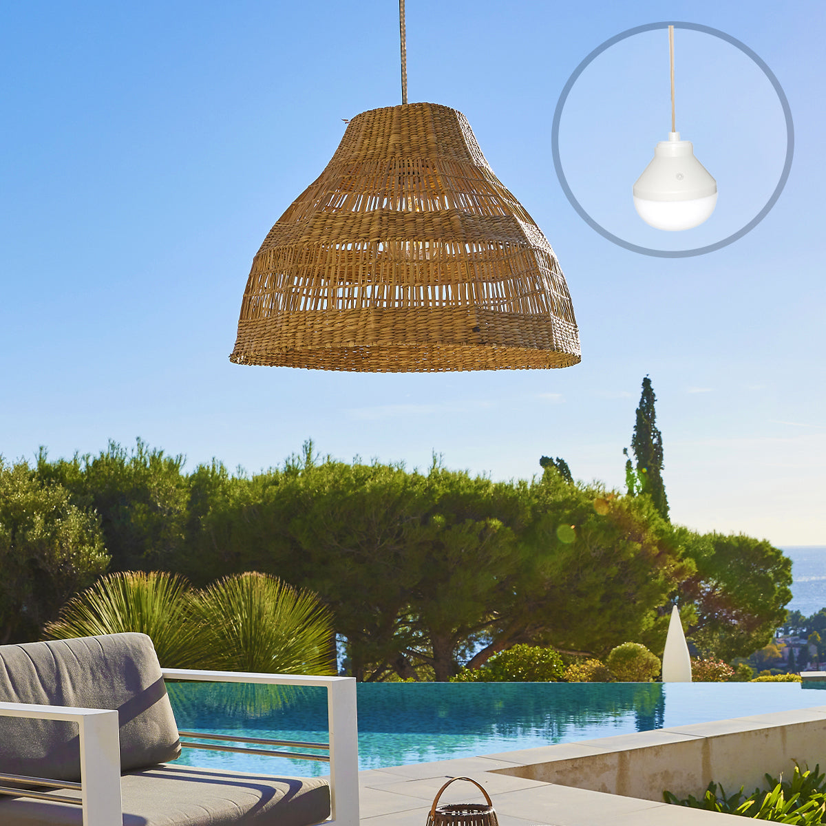 Suspension MERIDA NOMAD en herbe marine style bohème avec ampoule LED blanc/RGB nomade