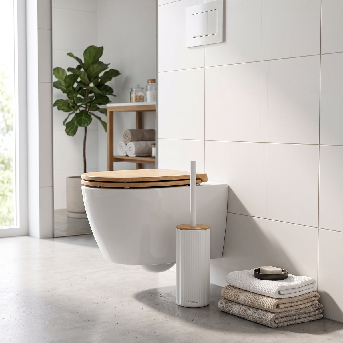 Lot de 3 Brosse WC avec Support en Plastique Strié Blanc et Couvercle en Bambou LUND — Balayette de Toilette Ergonomique et Hygiénique, Design Scandinave Moderne pour Salle de Bain