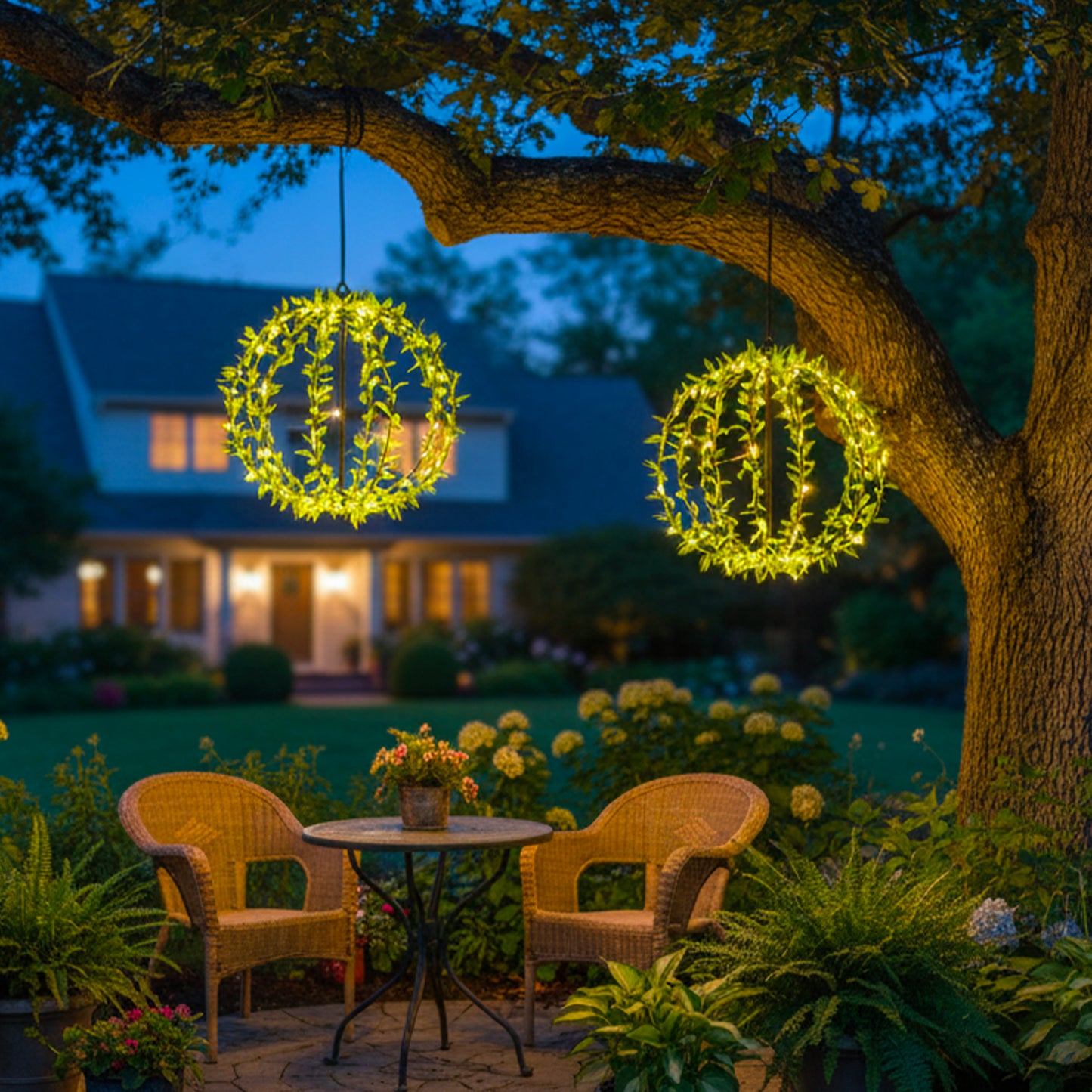 Lot de 2 suspensions solaires boules lumineuses et feuillage avec panneau solaire déporté 2x BALL FESTY D30cm