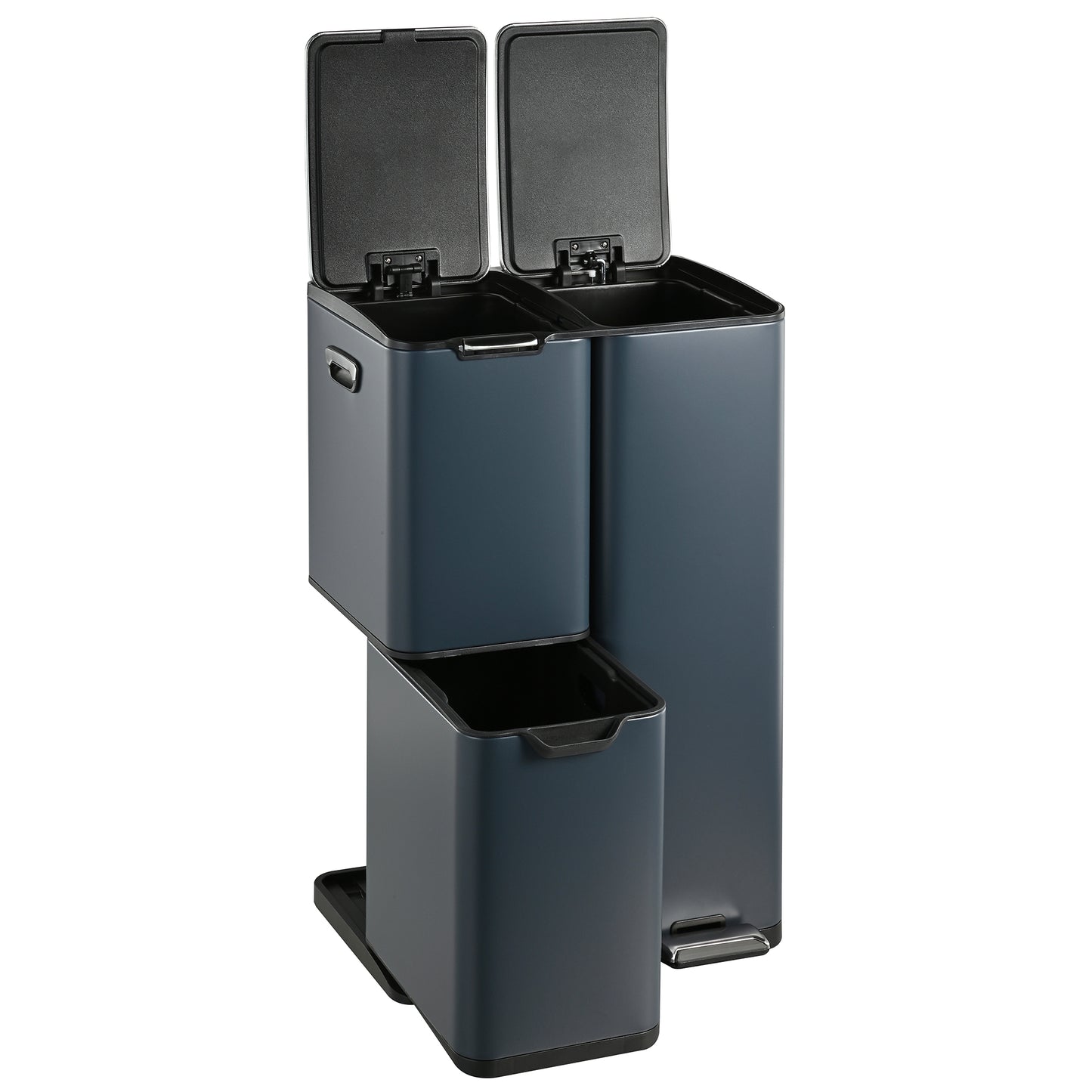 Poubelle de cuisine à pédale tri sélectif recyclage 60L(13+17+30L) HAJA en acier Inox Gris avec seau