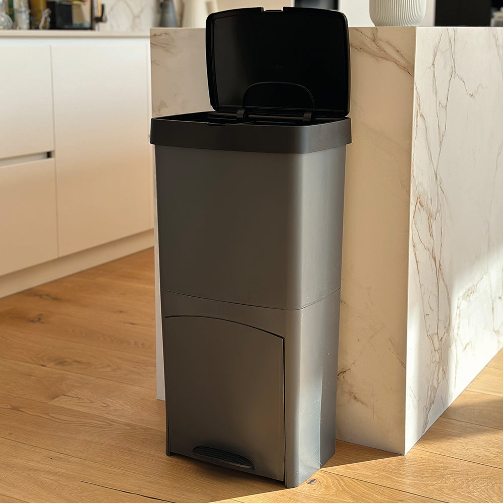Poubelle de cuisine tri sélectif verticale 70 litres PICEA Gris double compartiment