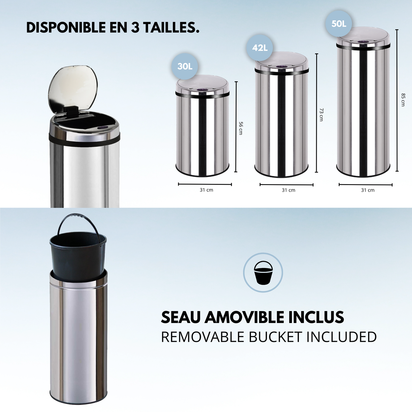 Poubelle de cuisine automatique 50L ARTIC en acier Inox avec seau