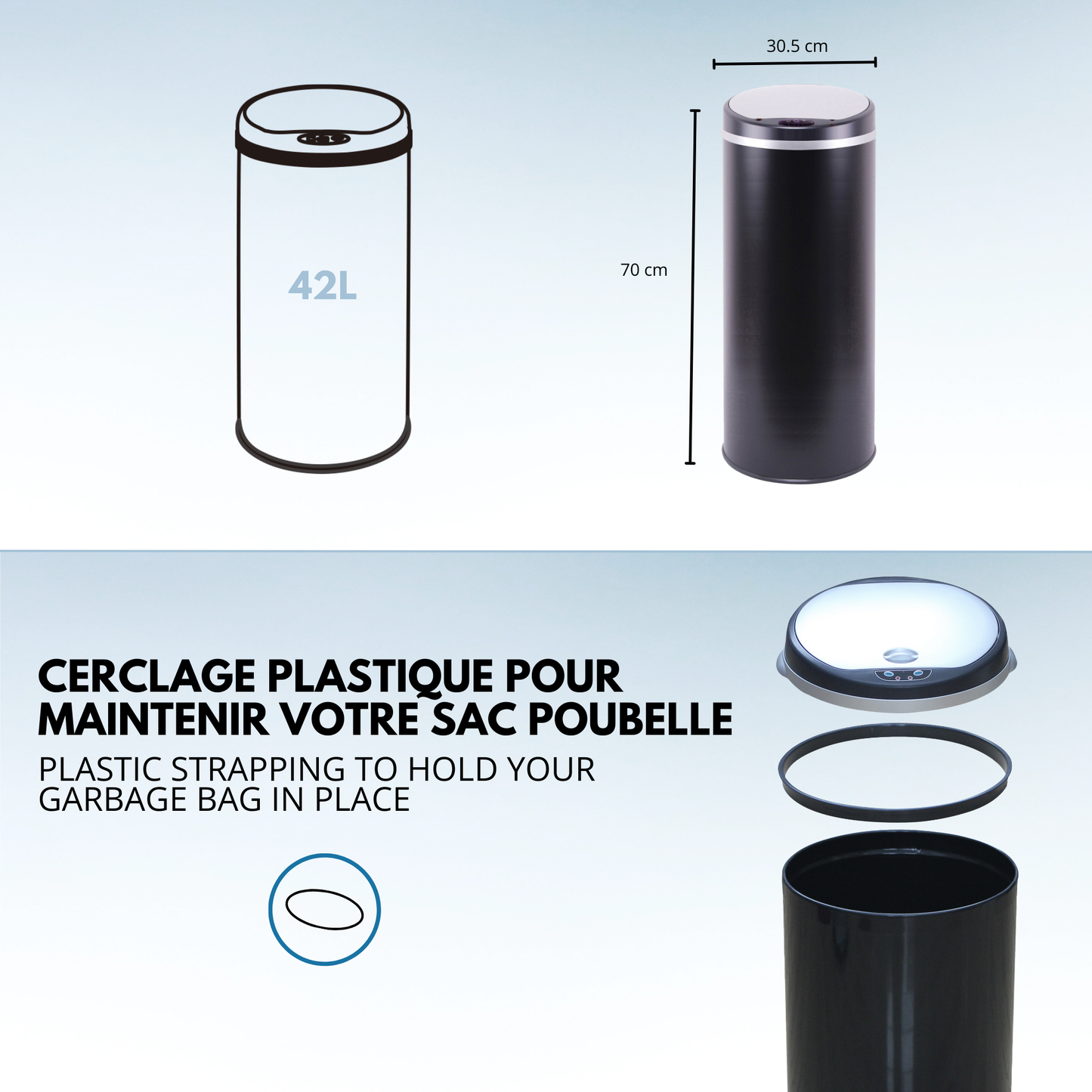 Poubelle de cuisine automatique 42L SOHO Noir mat en acier INOX avec cerclage