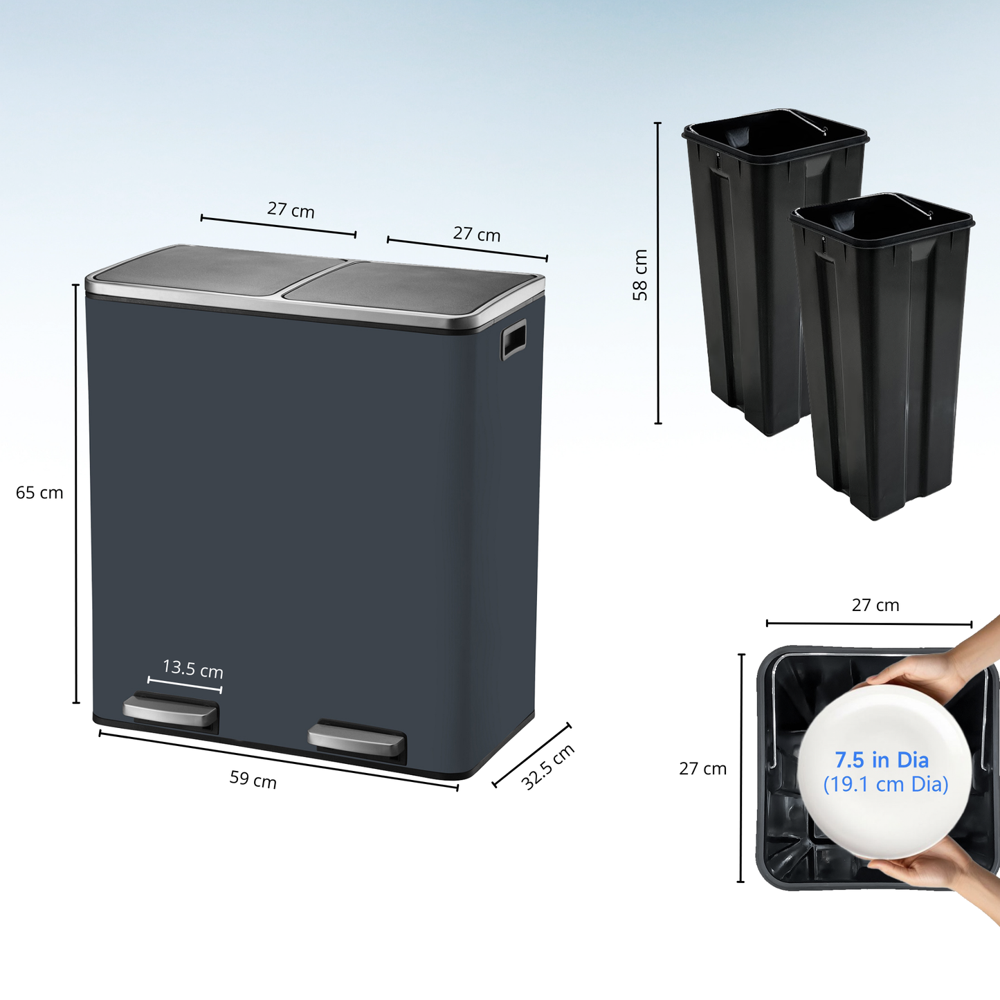 Poubelle de cuisine à pédale tri sélectif grande capacité 60L (2x30L) MAJOR en acier Inox Gris mat