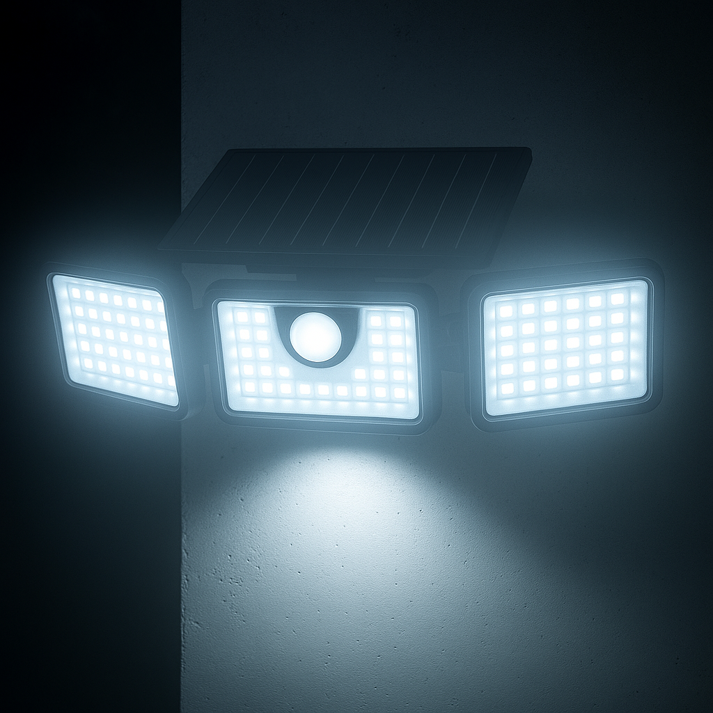 Spot solaire 3 têtes noir éclairage puissant LED blanc FALCON H9.3cm avec détecteur de mouvement orientable