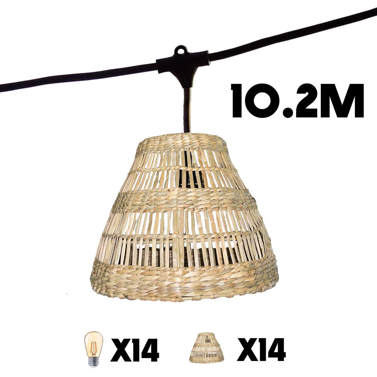 Lot de 2 guirlandes lumineuses extérieur connectables 14 abat-jour tressés D20cm style bohème ampoules filament E27 LED blanc chaud 2x TESSA LIGHT 10m