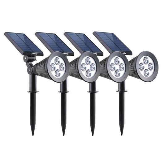 Lot de 4 spots solaires projecteurs 2en1 à piquer ou à fixer éclairage puissant dimmable LED blanc SPIKY H42cm