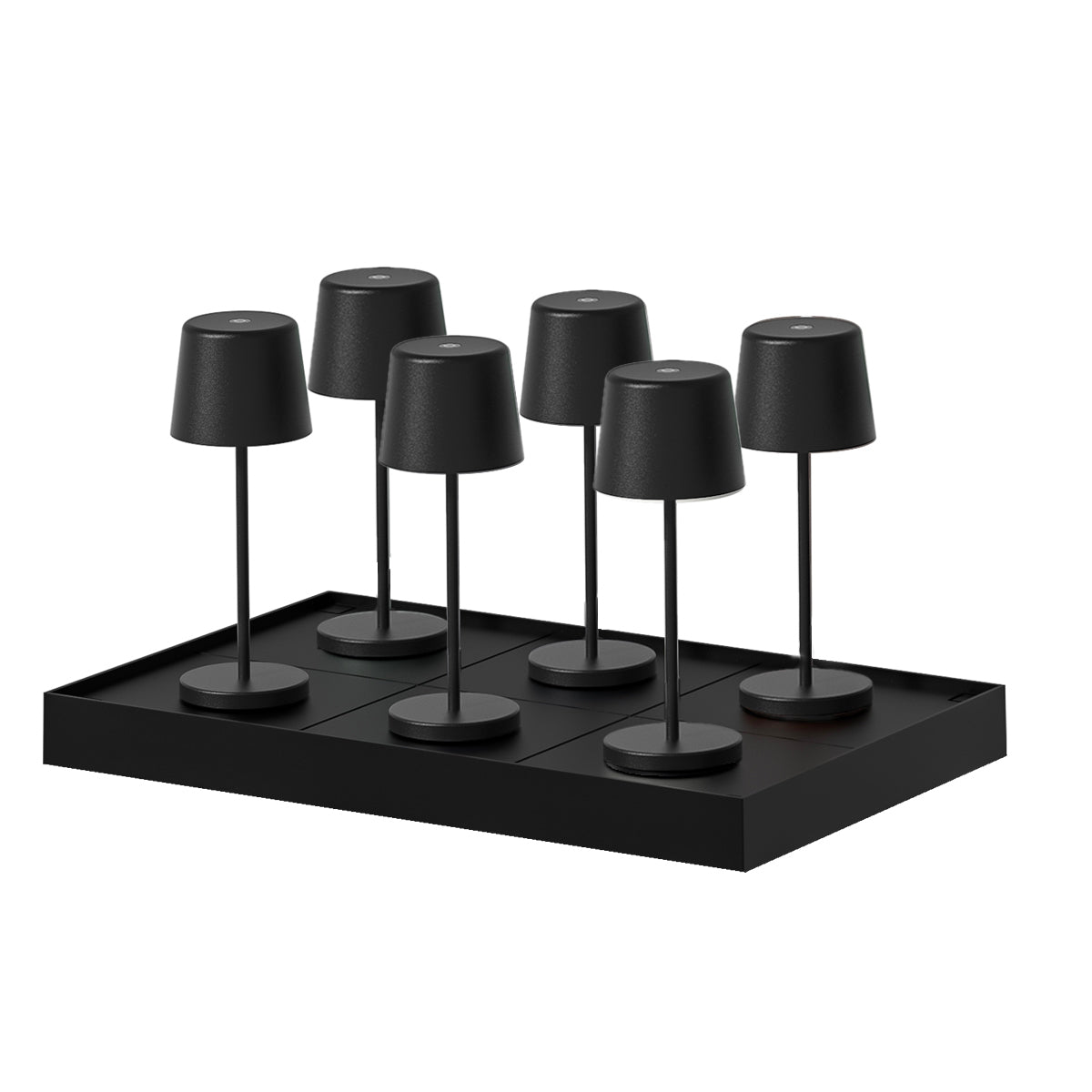 Lot de 6 mini lampes de table touch sans fil en aluminium LED KELLY MINI BLACK blanc dimmable H22cm avec plateau de chargement