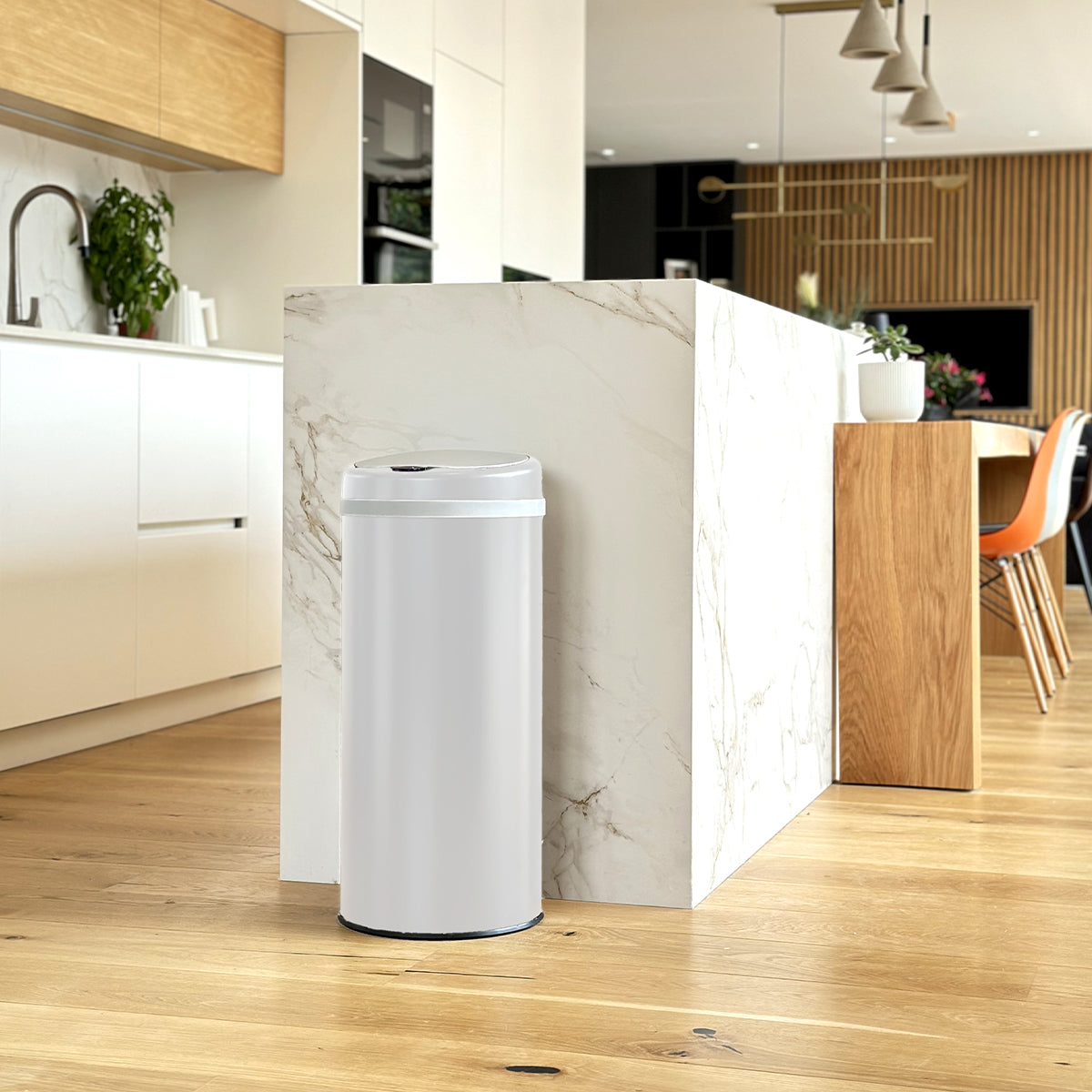 Poubelle de cuisine automatique 42L SOHO Blanc brillant en acier INOX avec cerclage