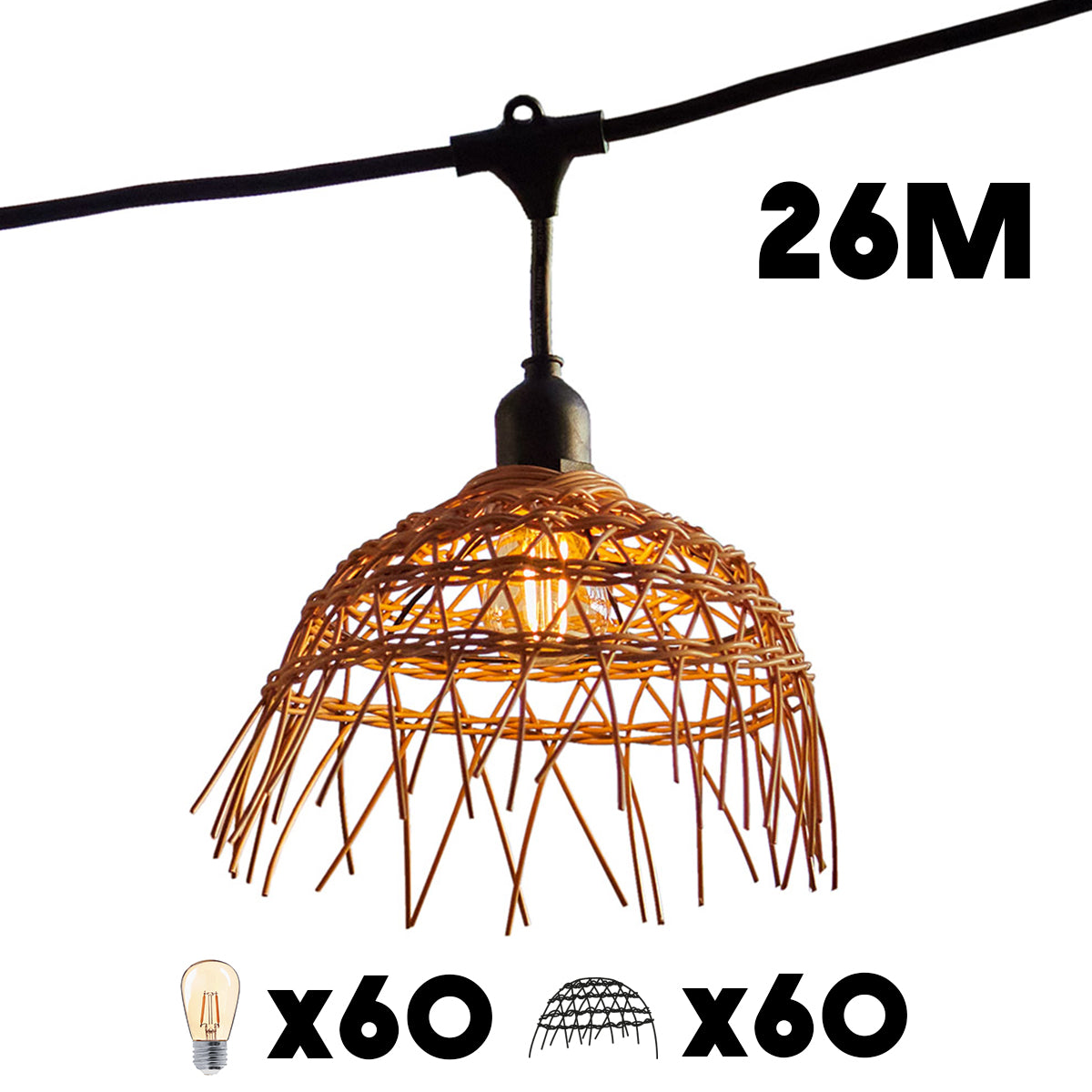 Guirlande lumineuse extérieure raccordable 26m avec 60 ampoules LED filament E27 blanc chaud HAWAII LIGHT Abat-jour polyrotin bohème