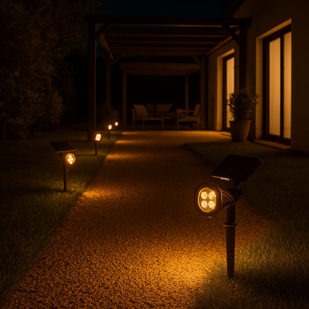 Lot de 4 spots solaires projecteurs 2en1 à piquer ou à fixer éclairage puissant dimmable LED blanc SPIKY WARM H42cm