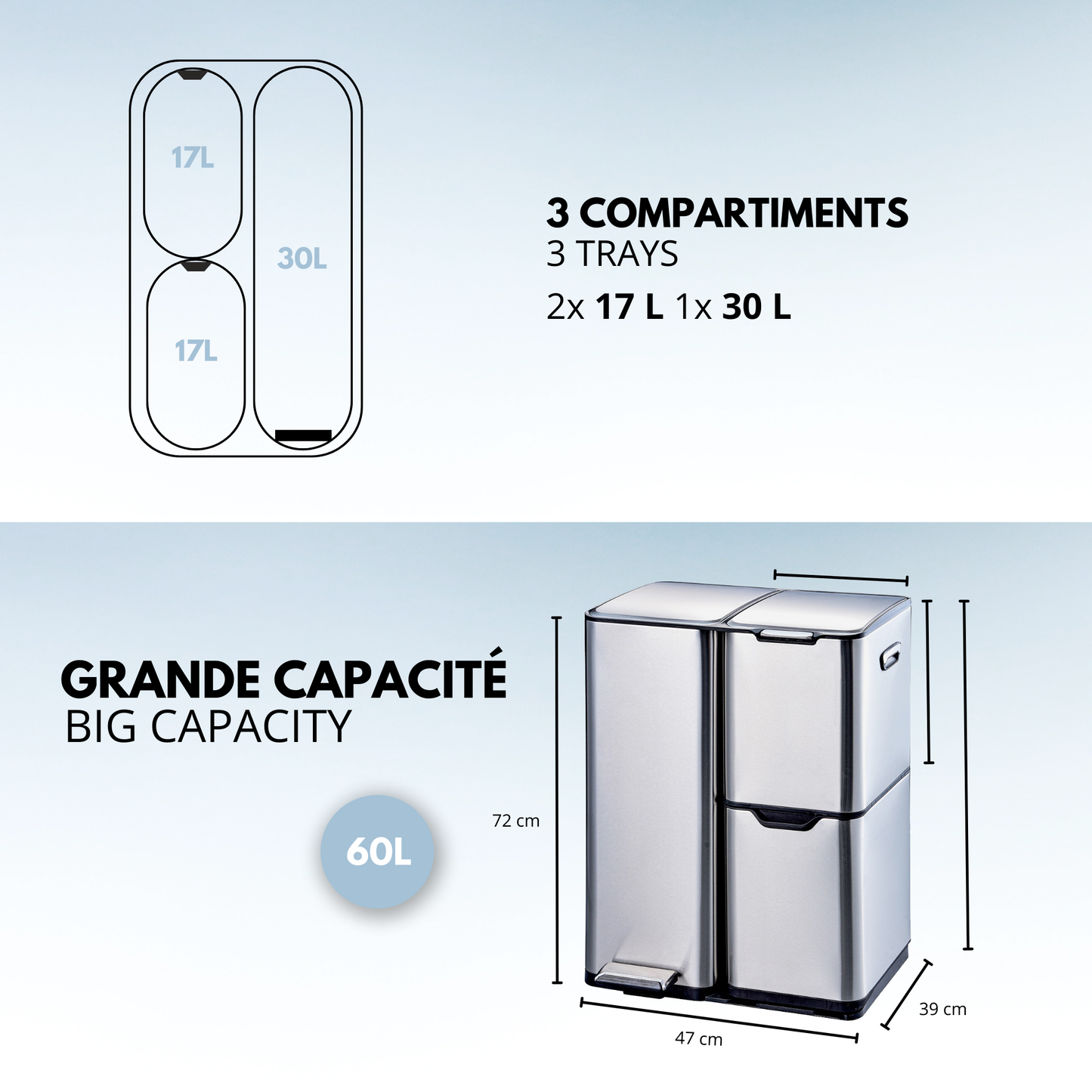 Poubelle de cuisine à pédale tri sélectif recyclage 60L(13+17+30L) HAJA en acier Inox avec seau