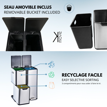 Poubelle de cuisine à pédale tri sélectif recyclage 60L(13+17+30L) HAJA en acier Inox avec seau