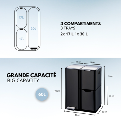 Poubelle de cuisine à pédale tri sélectif recyclage 60L(13+17+30L) HAJA en acier Inox Noir avec seau