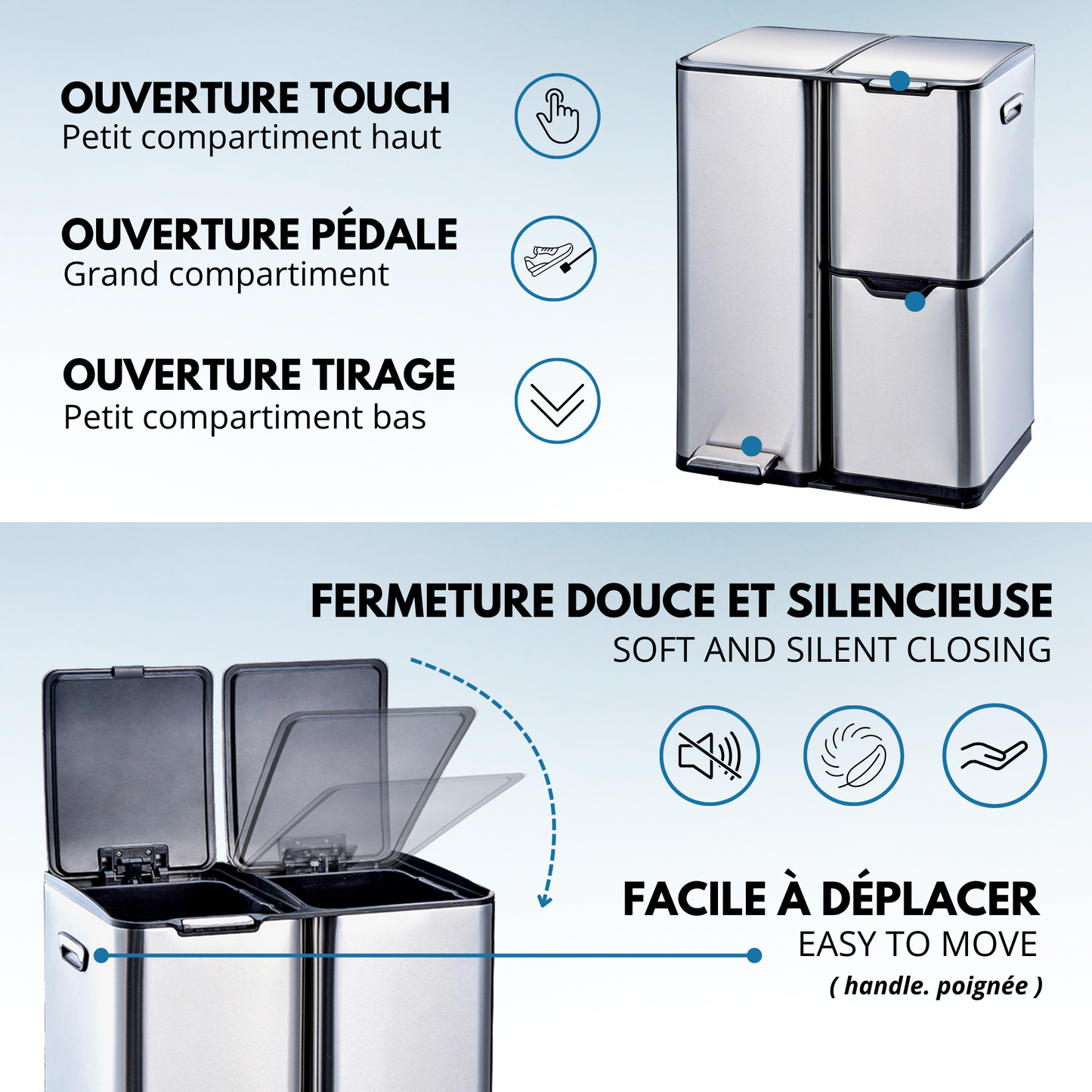 Poubelle de cuisine à pédale tri sélectif recyclage 60L(13+17+30L) HAJA en acier Inox avec seau