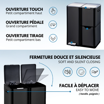 Poubelle de cuisine à pédale tri sélectif recyclage 60L(13+17+30L) HAJA en acier Inox Noir avec seau
