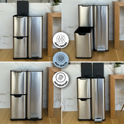 Poubelle de cuisine à pédale tri sélectif recyclage 60L(13+17+30L) HAJA en acier Inox avec seau