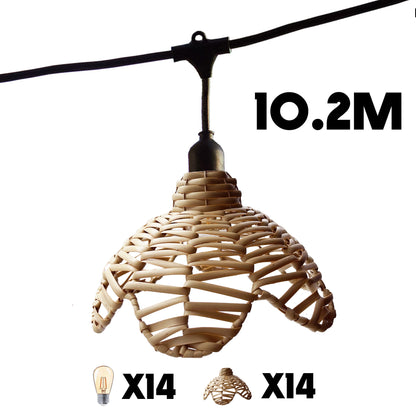 Lot de 2 guirlandes lumineuses extérieur connectables 14 abat-jour fleur en polyrotin style bohème ampoules filament E27 LED blanc chaud 2x FLOWER LIGHT 10m