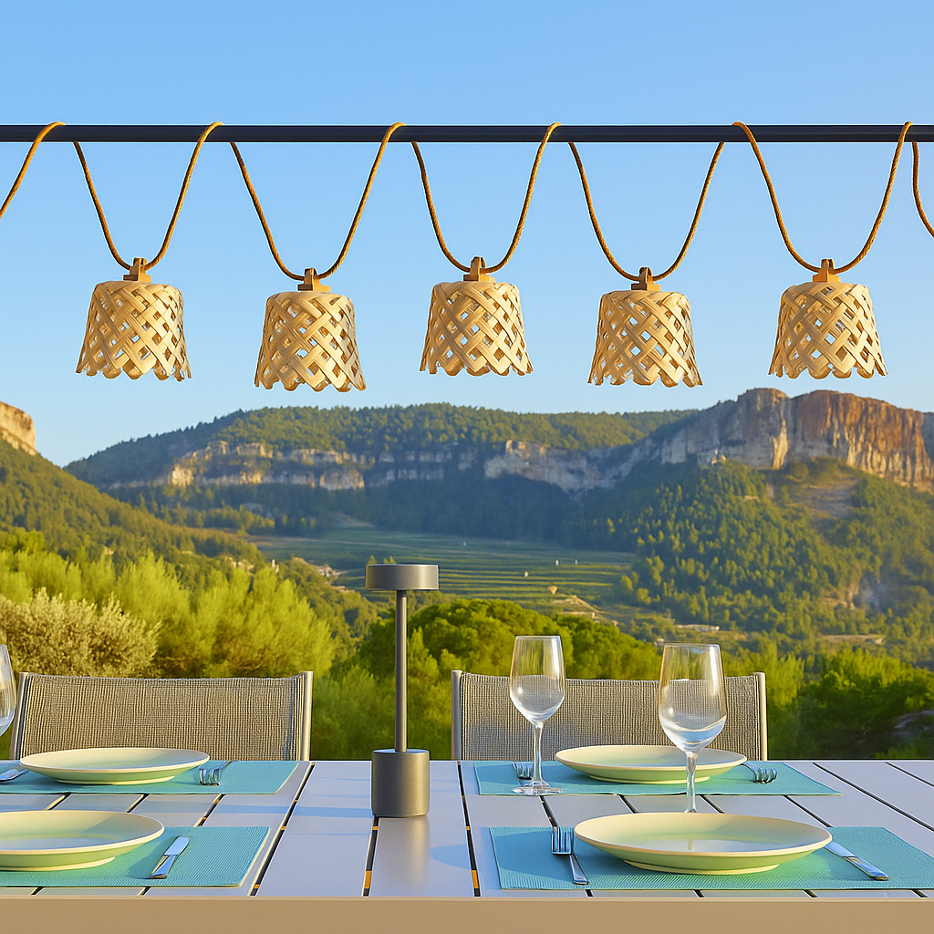 Guirlande lumineuse extérieur raccordable 10 abat-jour naturels en bambou NOYA LIGHT HYBRID LED blanc chaud 8m solaire et sur secteur