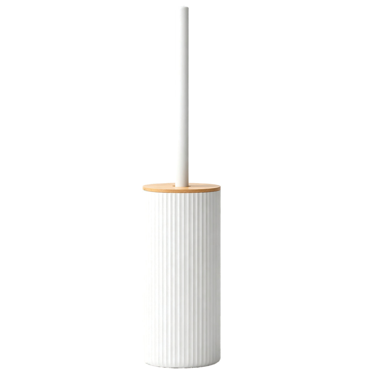 Brosse WC avec Support en Plastique Strié Blanc et Couvercle en Bambou LUND — Balayette de Toilette Ergonomique et Hygiénique, Design Scandinave Moderne pour Salle de Bain