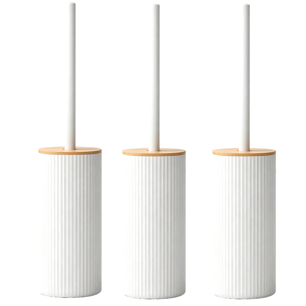 Lot de 3 Brosse WC avec Support en Plastique Strié Blanc et Couvercle en Bambou LUND — Balayette de Toilette Ergonomique et Hygiénique, Design Scandinave Moderne pour Salle de Bain