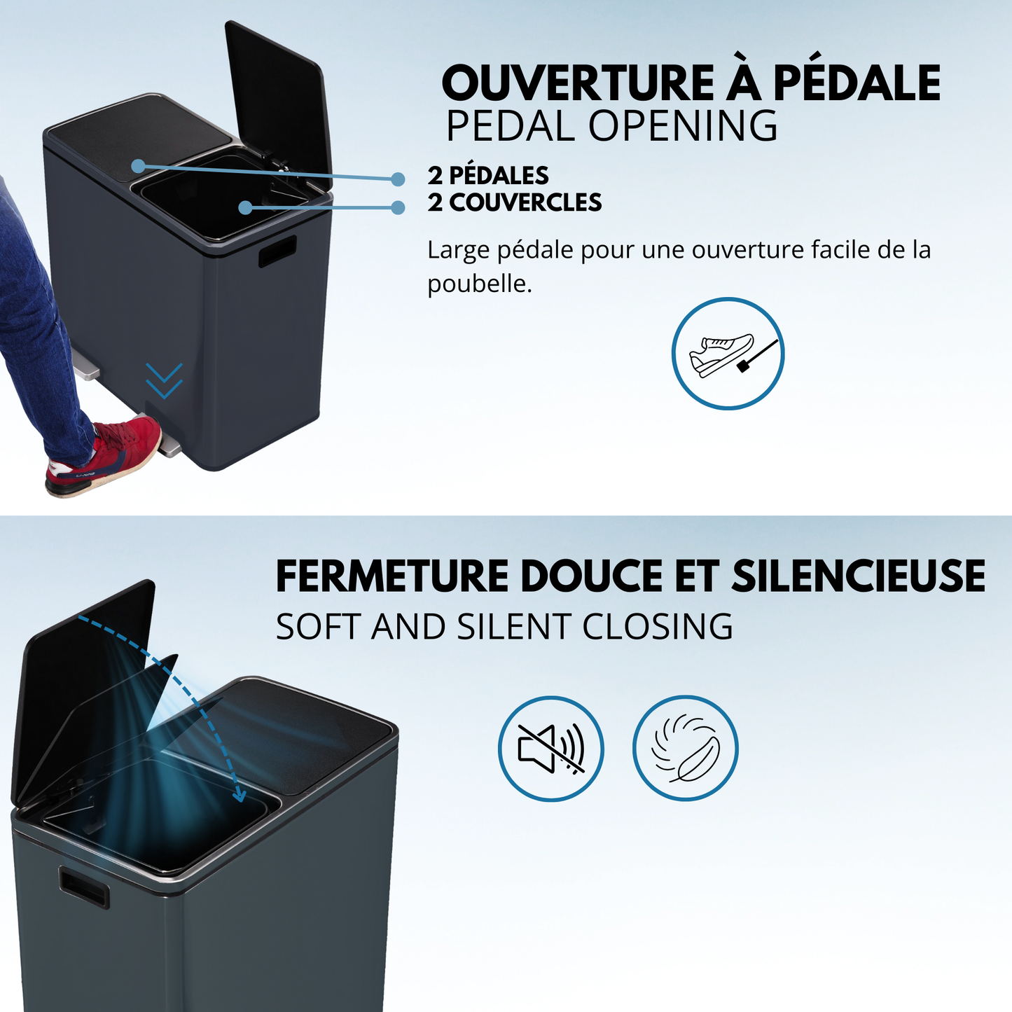 Poubelle de cuisine à pédale tri sélectif grande capacité 60L (2x30L) MAJOR en acier Inox Gris mat