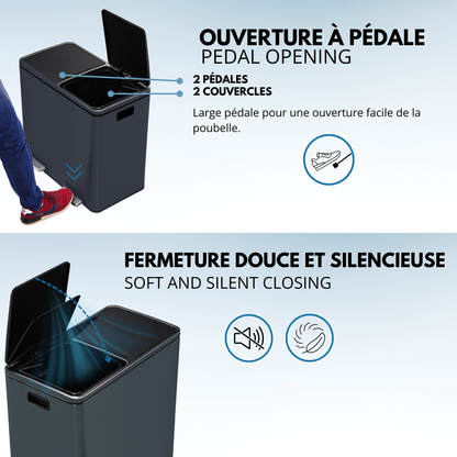 Poubelle de cuisine à pédale tri sélectif grande capacité 60L (2x30L) MAJOR en acier Inox Gris mat