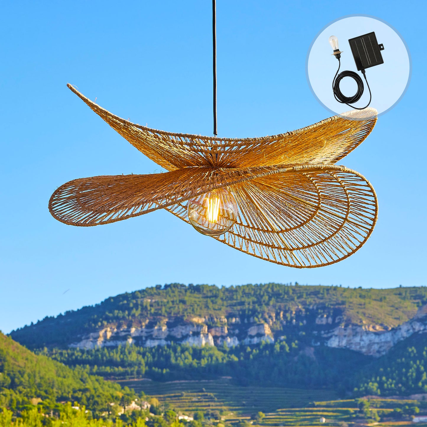 Suspension solaire SOLARA SOLAR en jute naturel avec câble hybride secteur et solaire 5m de longueur