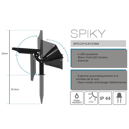 Lot de 2 spots solaires projecteurs 2en1 à piquer ou à fixer éclairage puissant dimmable LED blanc SPIKY H42cm