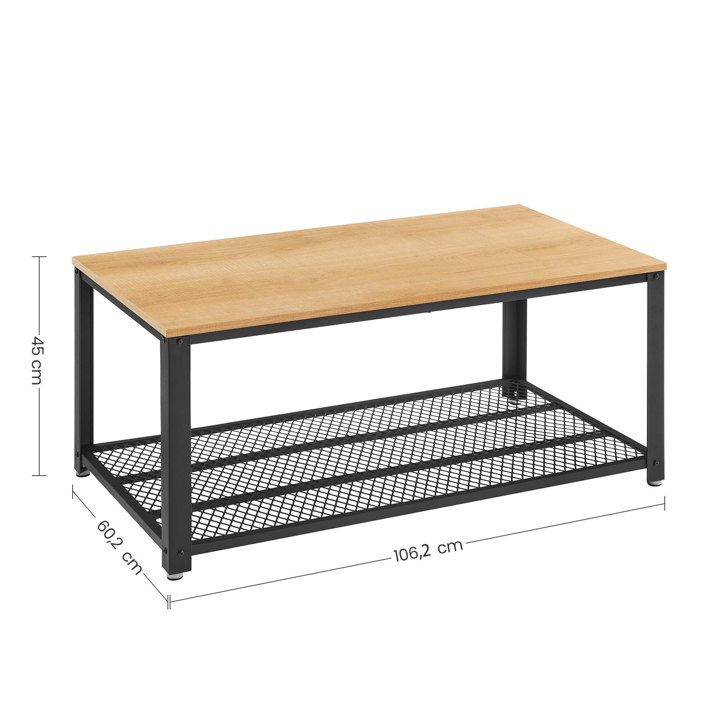 Table Basse au Design Industriel avec Grand Plateau JACKY Pieds réglables Protection du Sol Armature en métal - Stable - Chêne clair